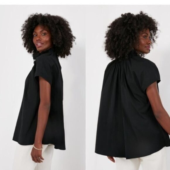Pomander Place | NEW Black Rae Short Cap Sleeve Ruffle Collar Blouse Size S - Picture 2 of 10